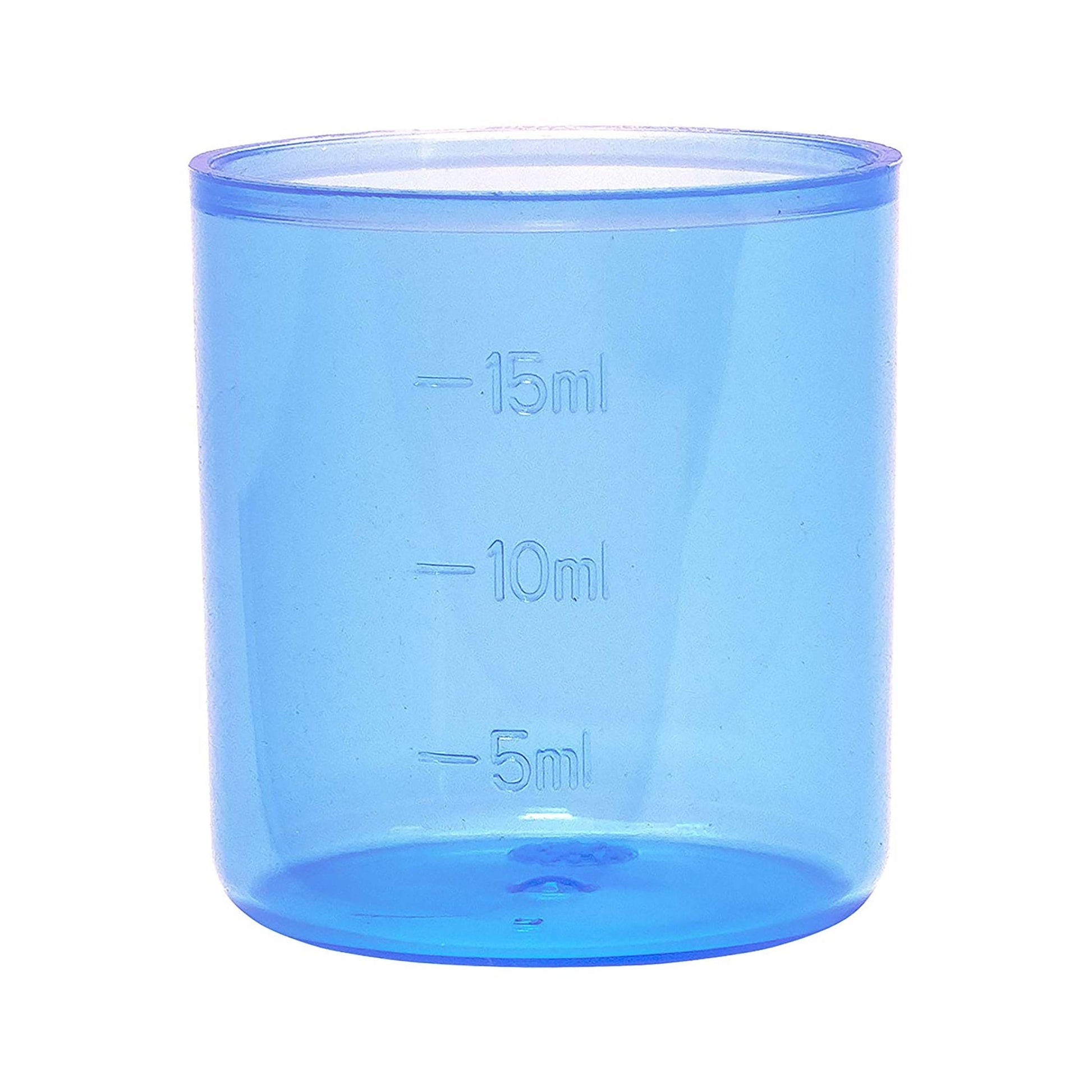 Blue measuring cup with measurement markings on a white background