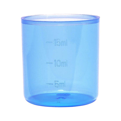 Blue measuring cup with measurement markings on a white background