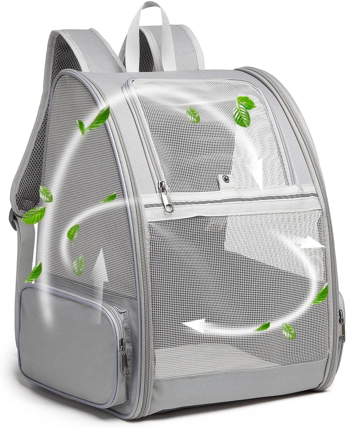 Gray pet carrier backpack with transparent front panel on a white background
