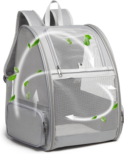 Gray pet carrier backpack with transparent front panel on a white background