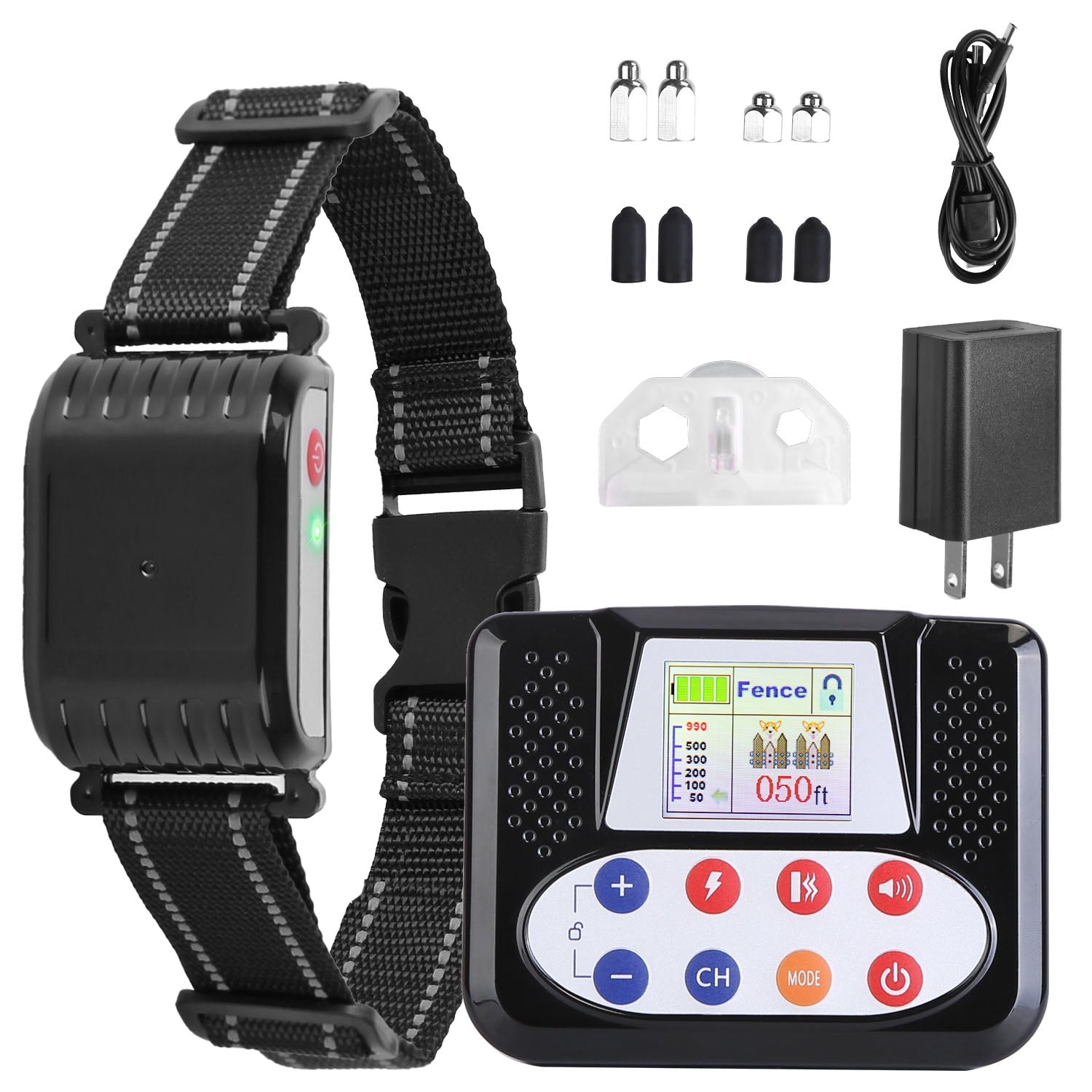 Dog training collar with remote control, battery packs, and accessories on a white background