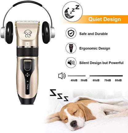 Pet grooming clipper with features listed on a white background, including a sleeping dog.