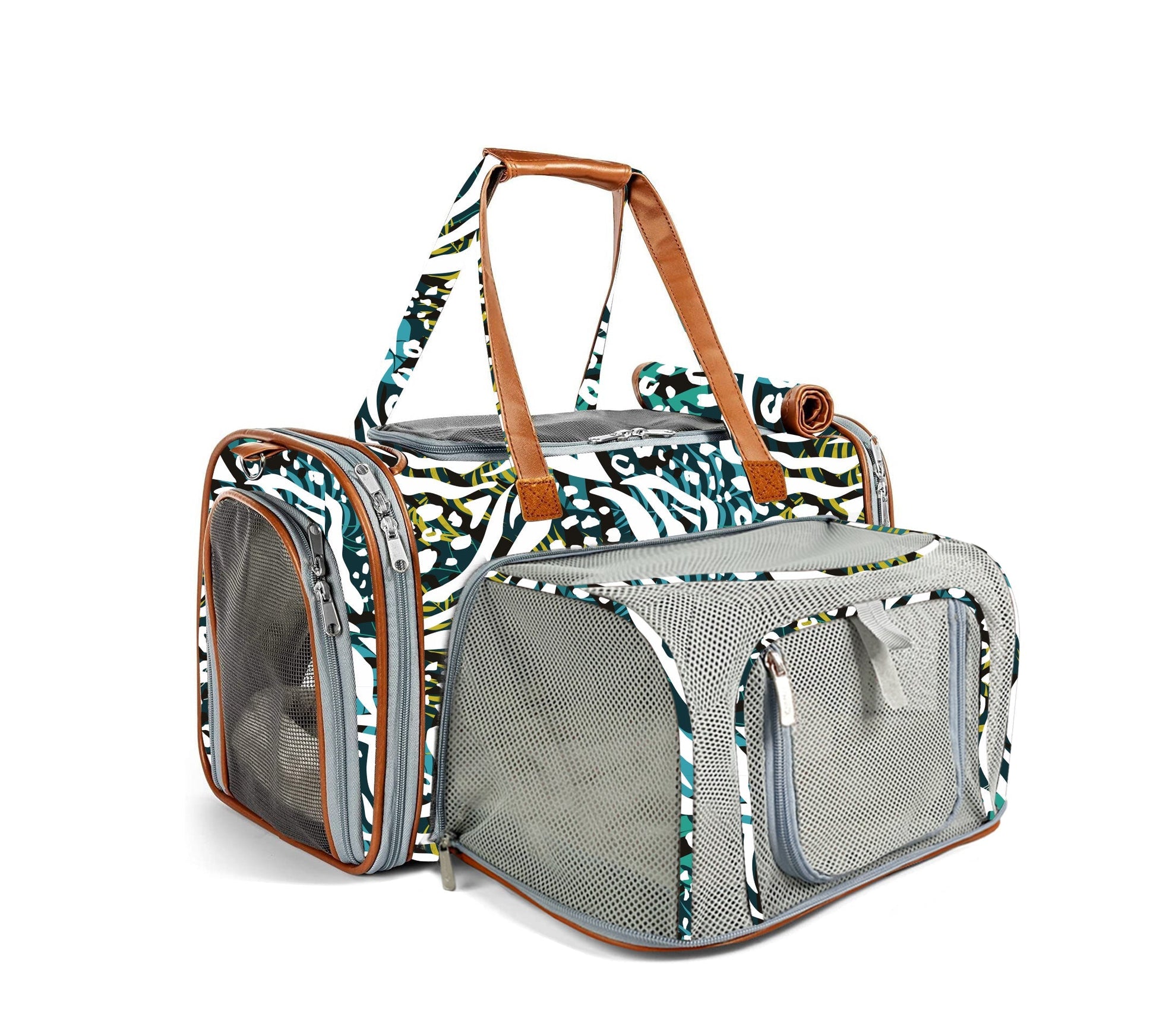 Pet carrier with zebra print top section and gray bottom section on a white background