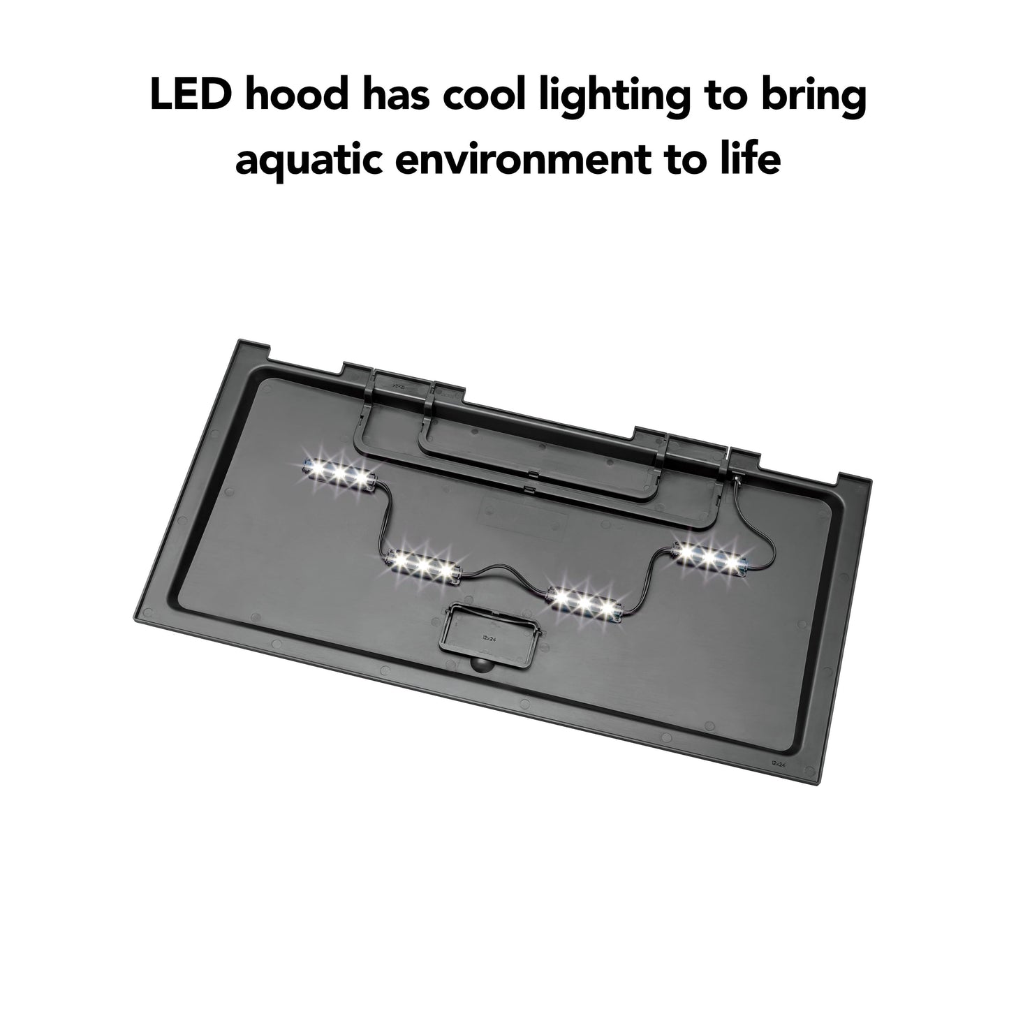LED light fixture for aquariums on a white background with text about cool lighting.