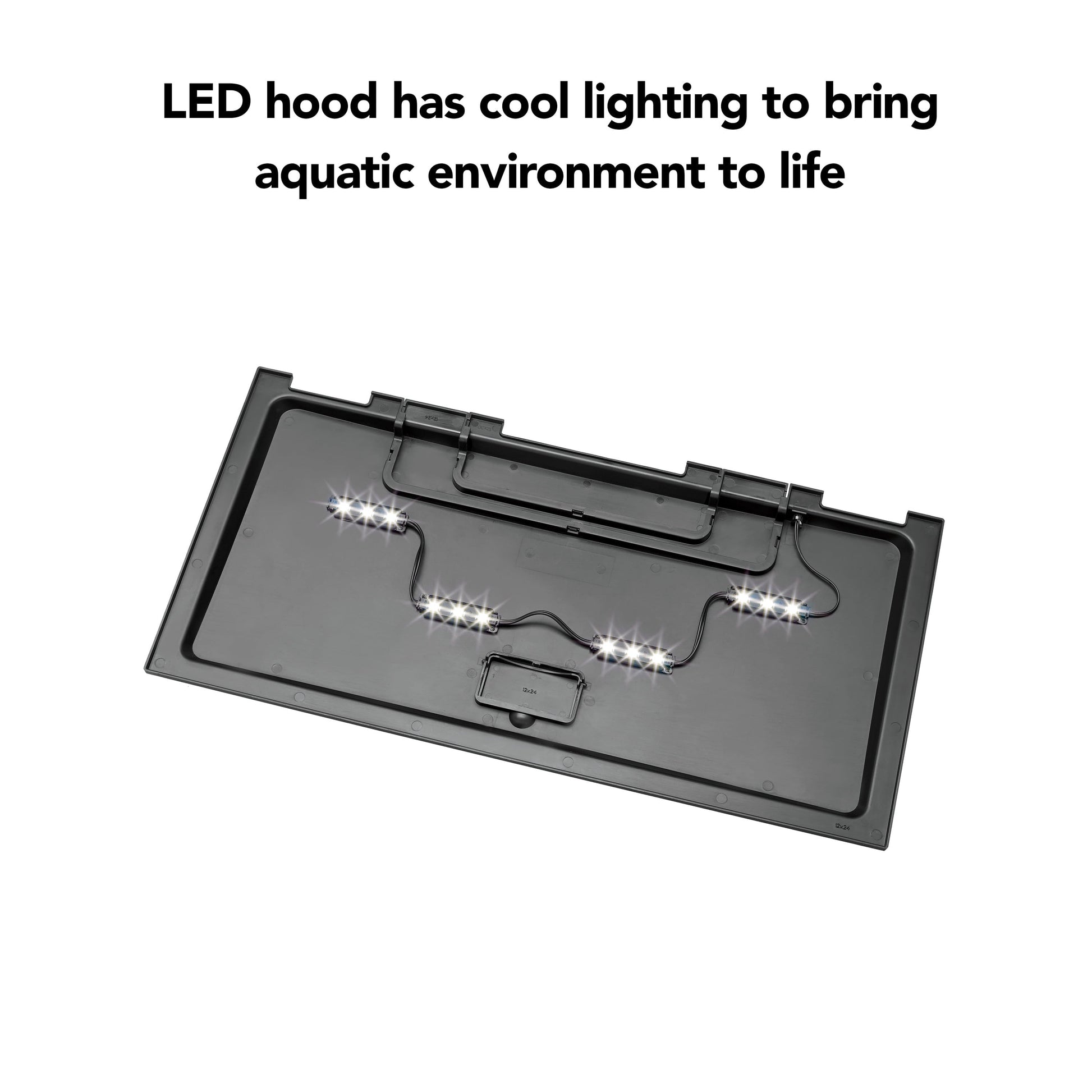 LED light fixture for aquariums on a white background with text about cool lighting.