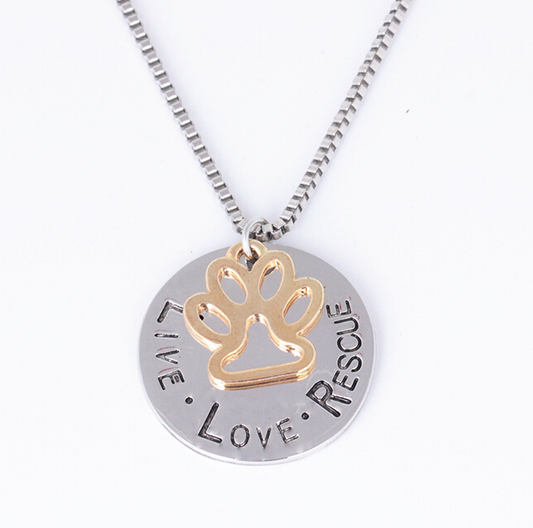 Necklace with a paw print pendant and 'Live Love Rescue' text on a white background