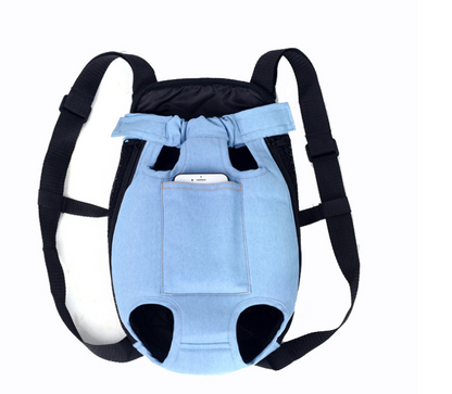 Blue pet carrier with black straps on a white background