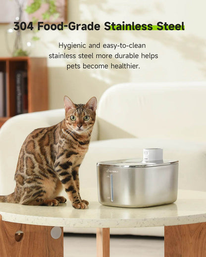 Cat sitting next to a stainless steel pet water bowl on a table.