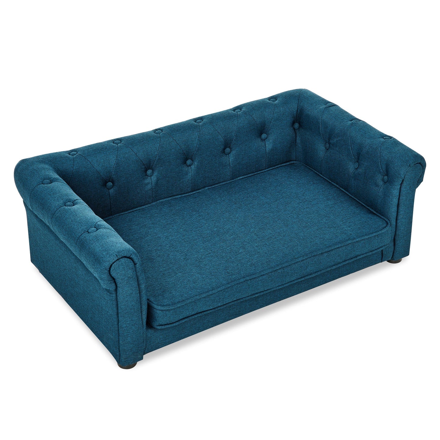 Blue tufted sofa on a white background