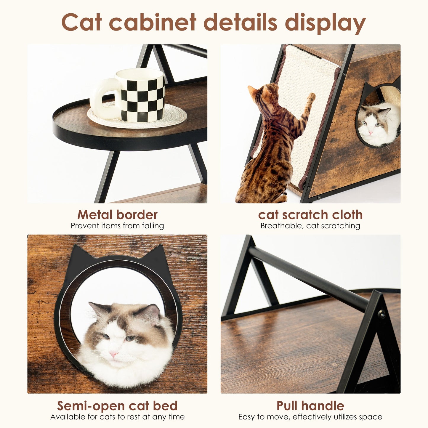Cat cabinet details display with various features and a cat using the product.