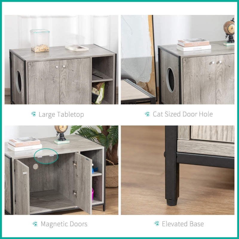 Wooden furniture with cat-sized door hole, large tabletop, magnetic doors, and elevated base.