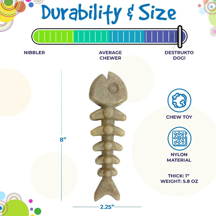 Dog chew toy with durability and size rating on a colorful background