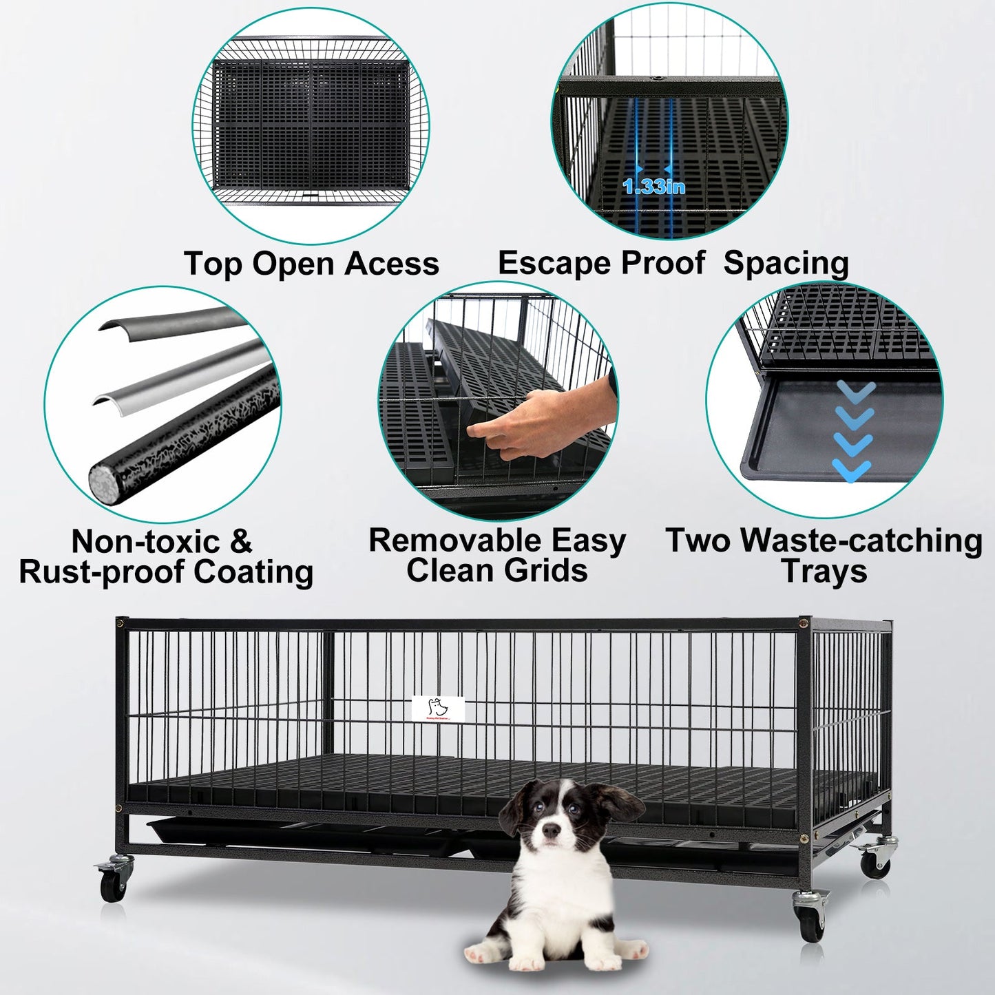 Dog cage with features highlighted on a white background