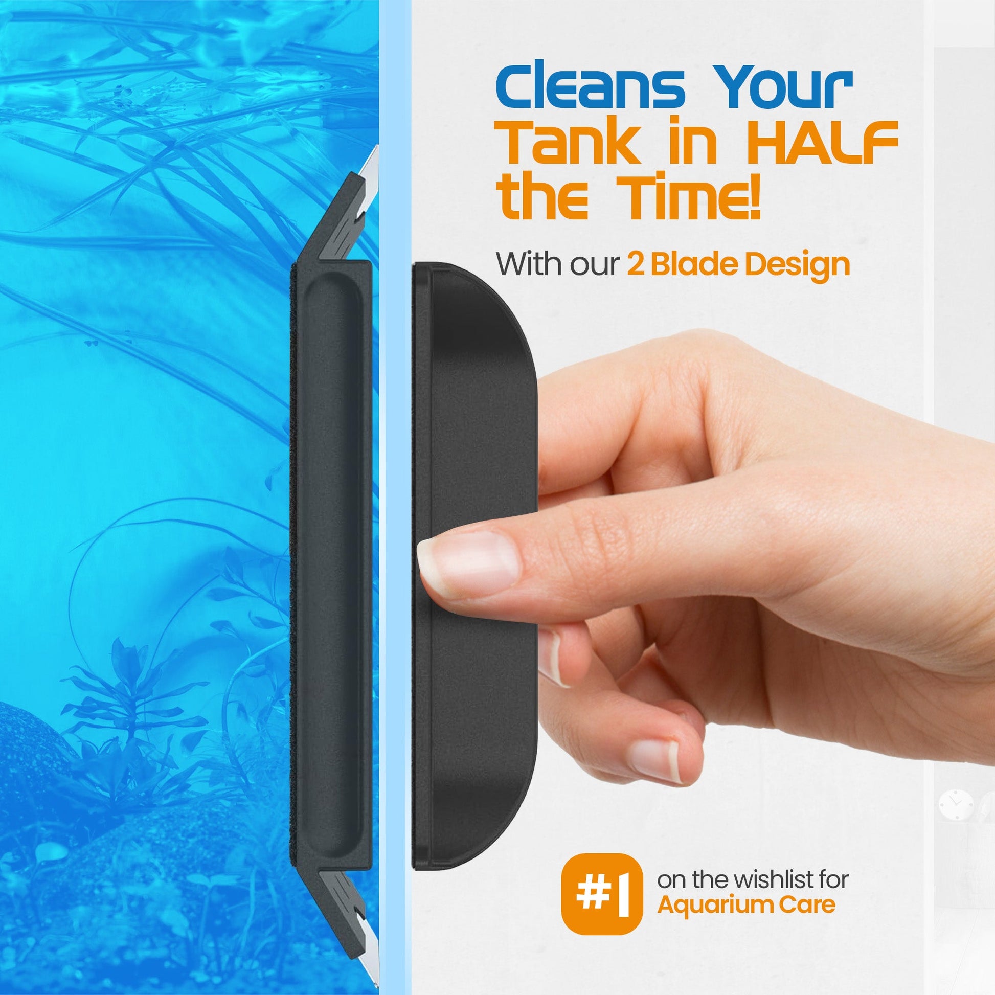 Hand holding a black aquarium cleaning tool with text about its efficiency in aquarium care.