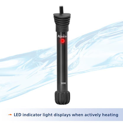 Aquael aquarium heater with LED indicator light on a white background