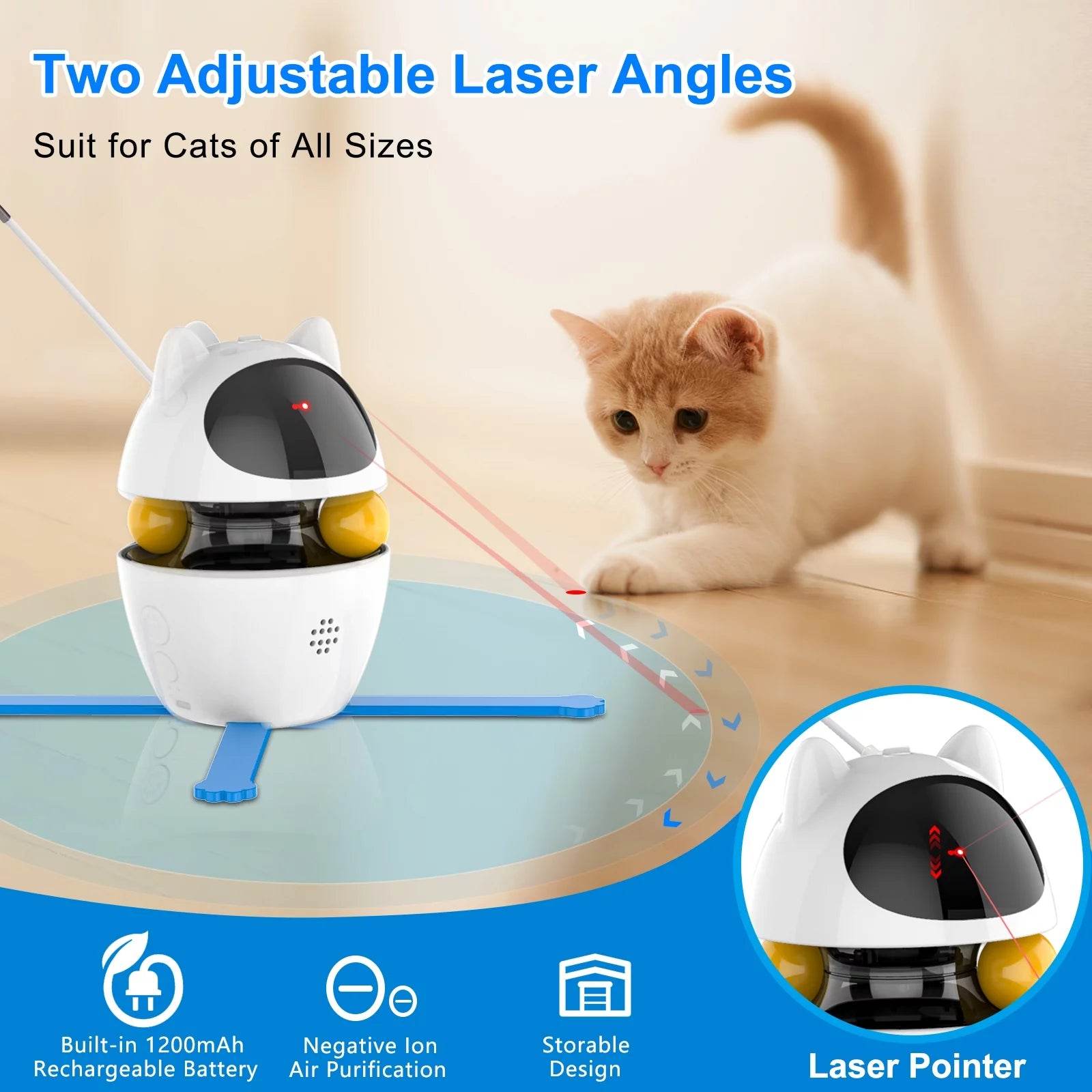 Cat toy with laser pointer and adjustable angles for cats of all sizes, featuring a cat interacting with it.