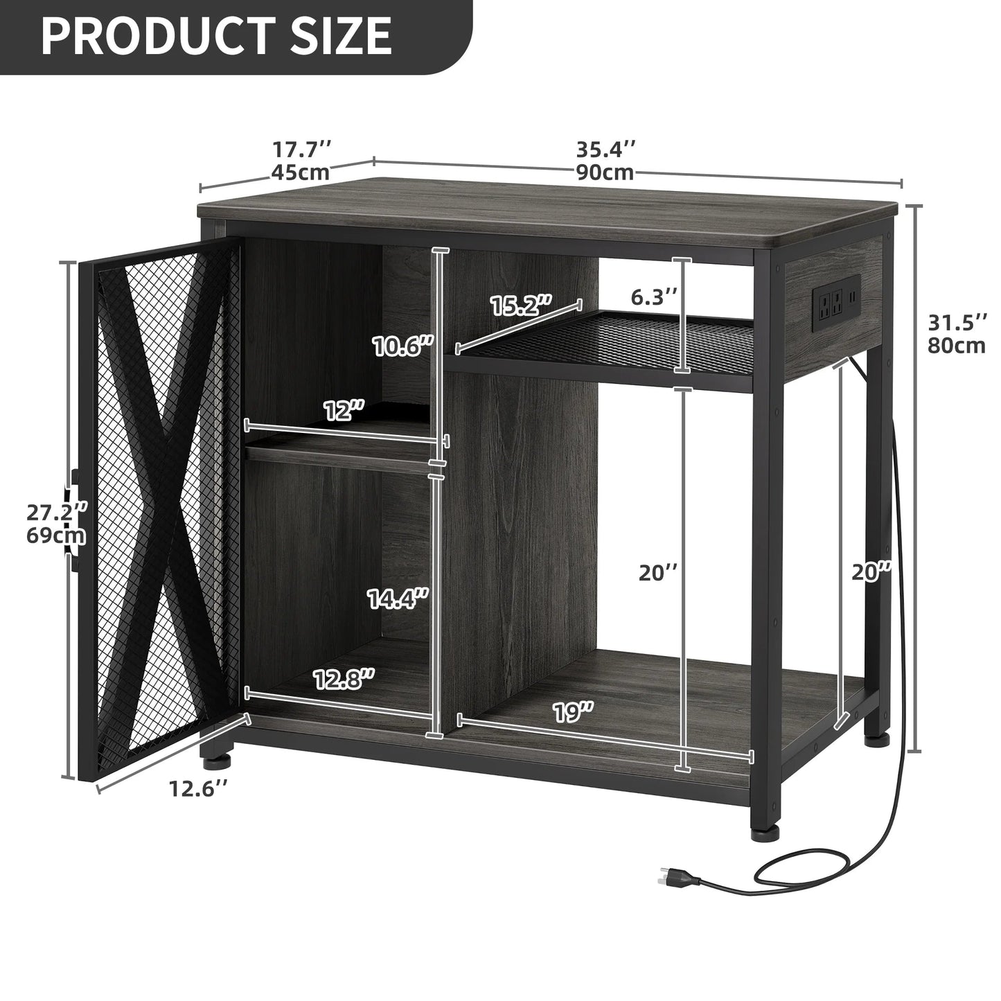 Black metal desk with dimensions labeled on a white background