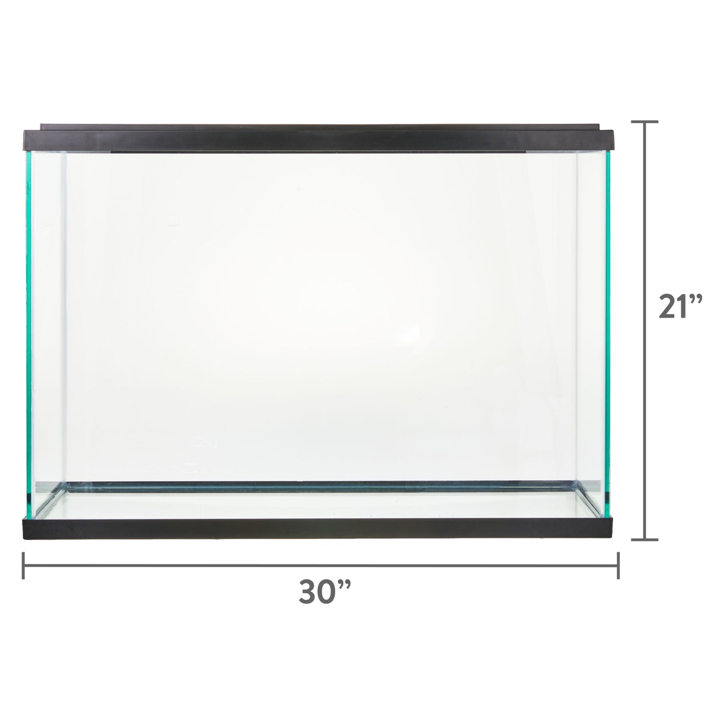 Glass aquarium with dimensions 30" x 21" on a white background