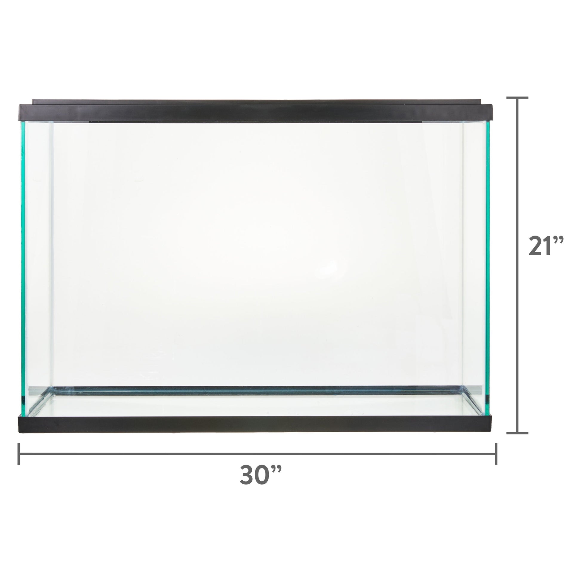 Glass aquarium with dimensions 30" x 21" on a white background