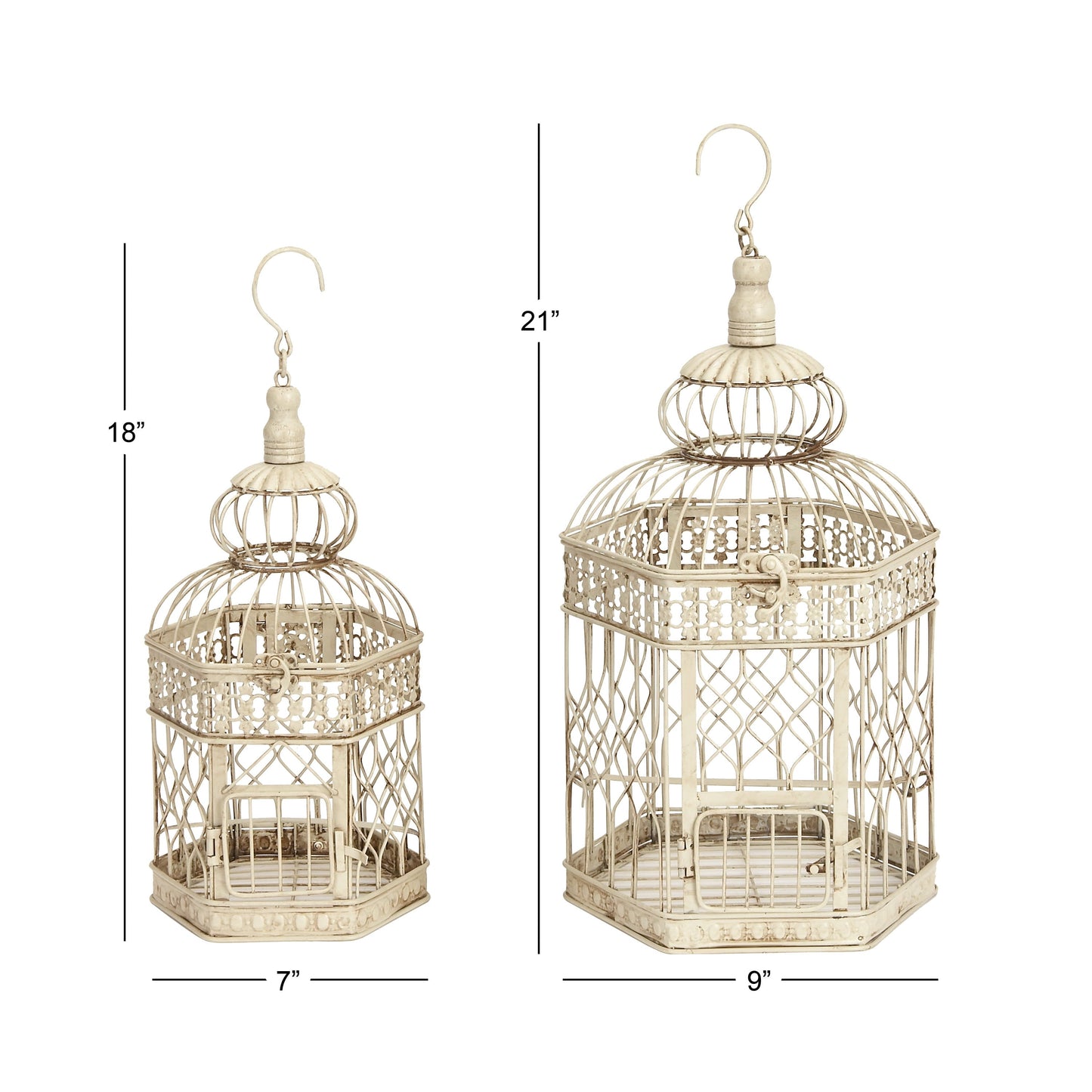 Decorative birdcage with dimensions on a white background