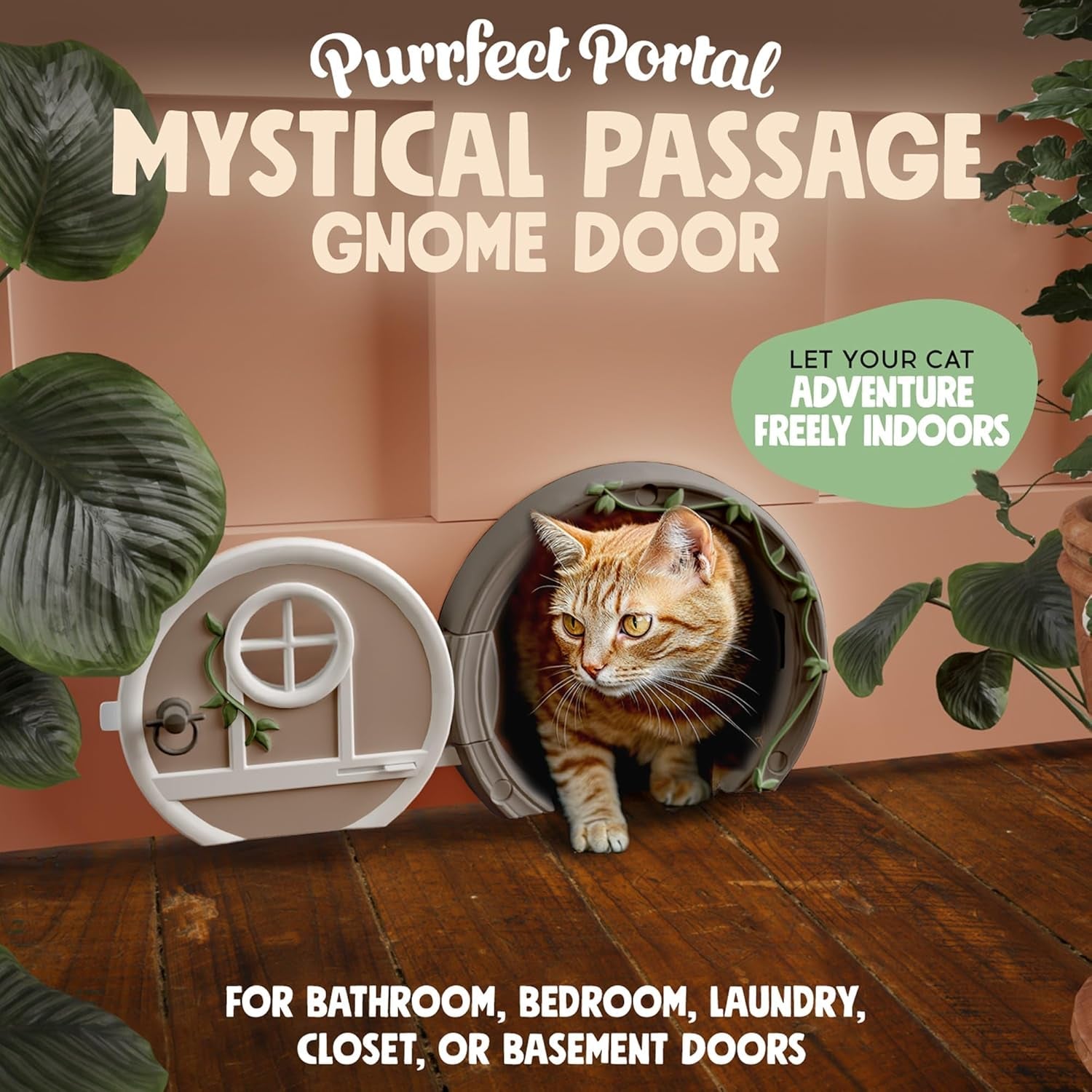 Cat peeking out from a 'Mystical Passage Gnome Door' with promotional text.