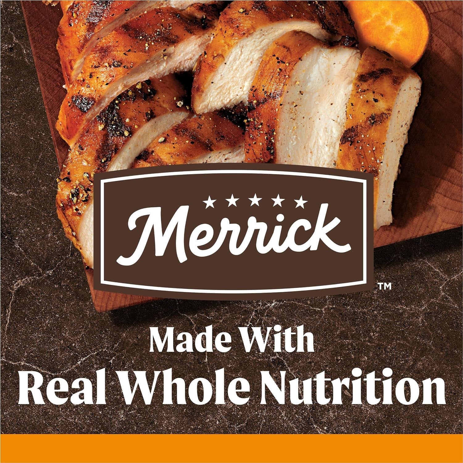 Roasted pork dish on a cutting board with Merrick logo and text about whole nutrition.