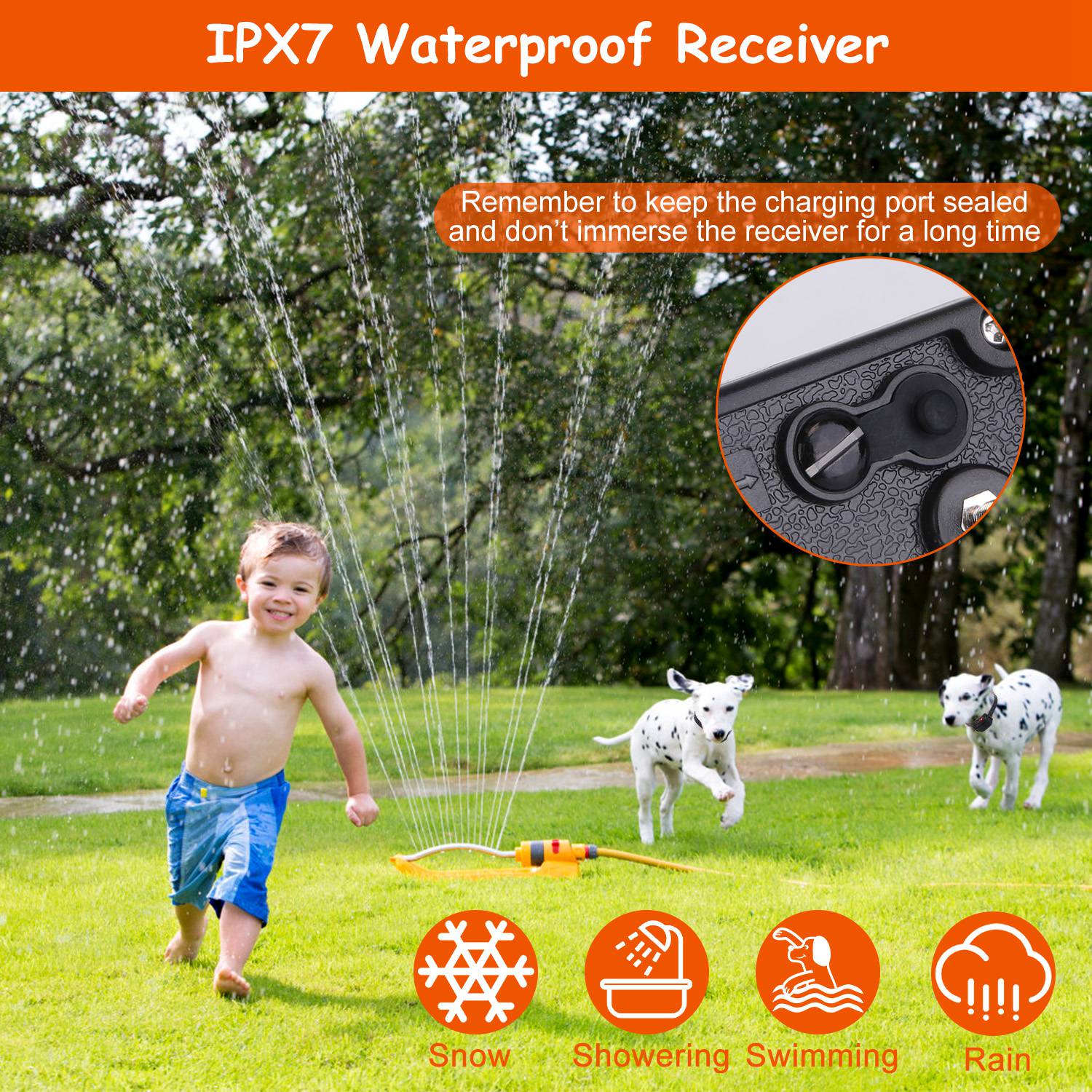 Child playing with a sprinkler in a park with dogs, featuring an IPX7 waterproof receiver illustration.