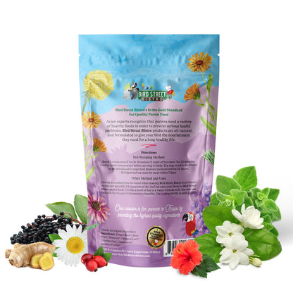 Bird food packaging with natural elements and branding on a white background