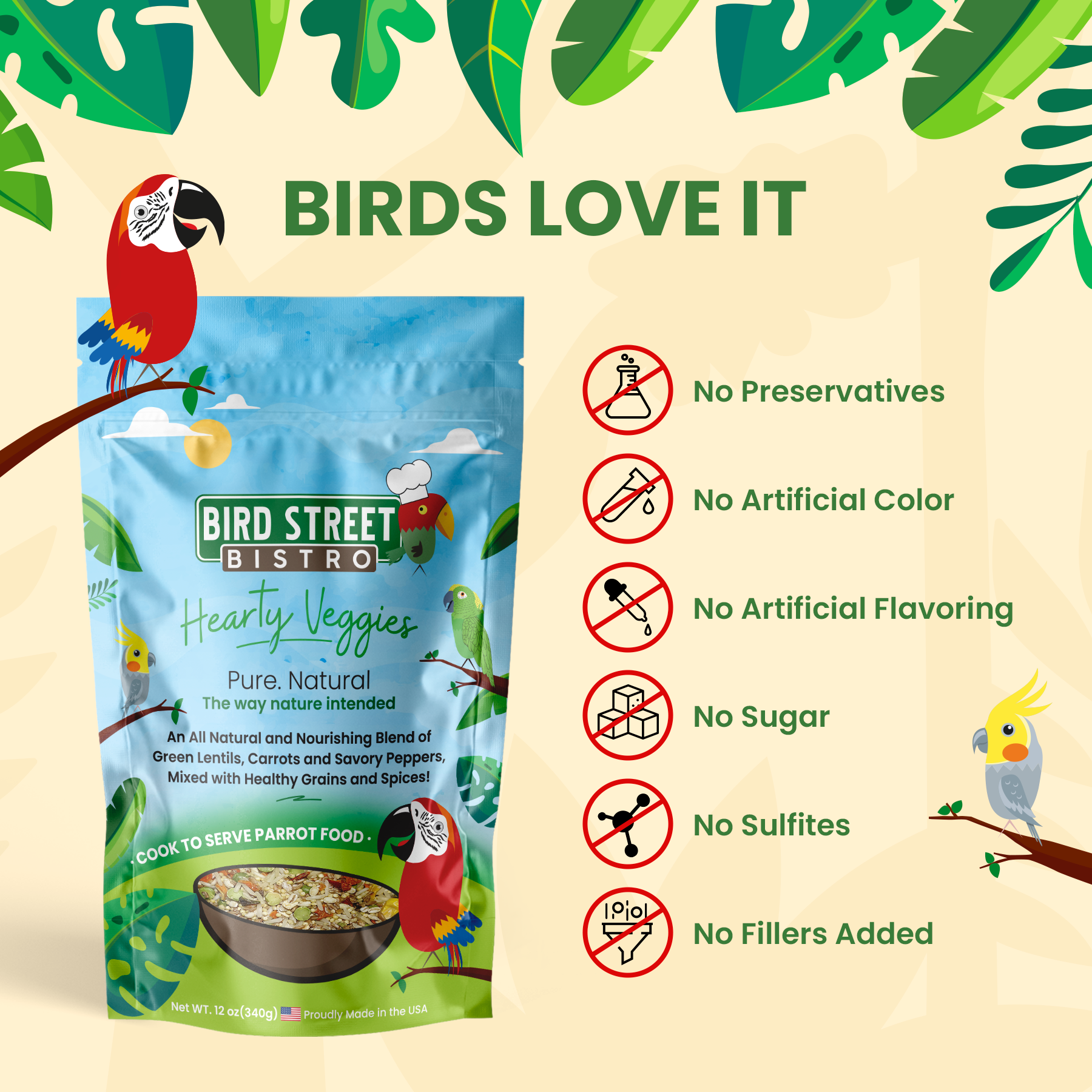 Bird Street Bistro bird food package with features on a beige background with leaf decorations