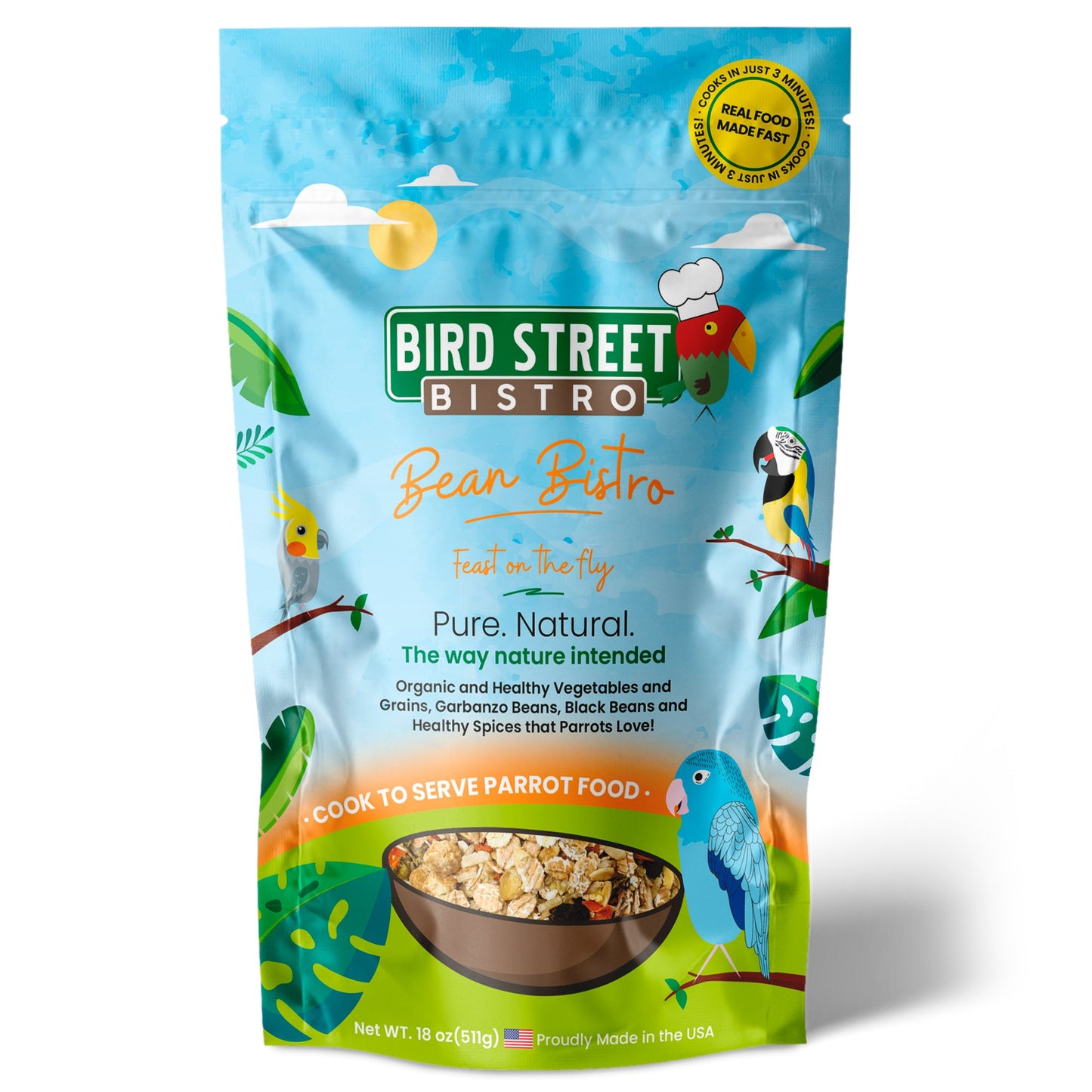 Bird Street Bistro Bean Bistro parrot food package on a white background