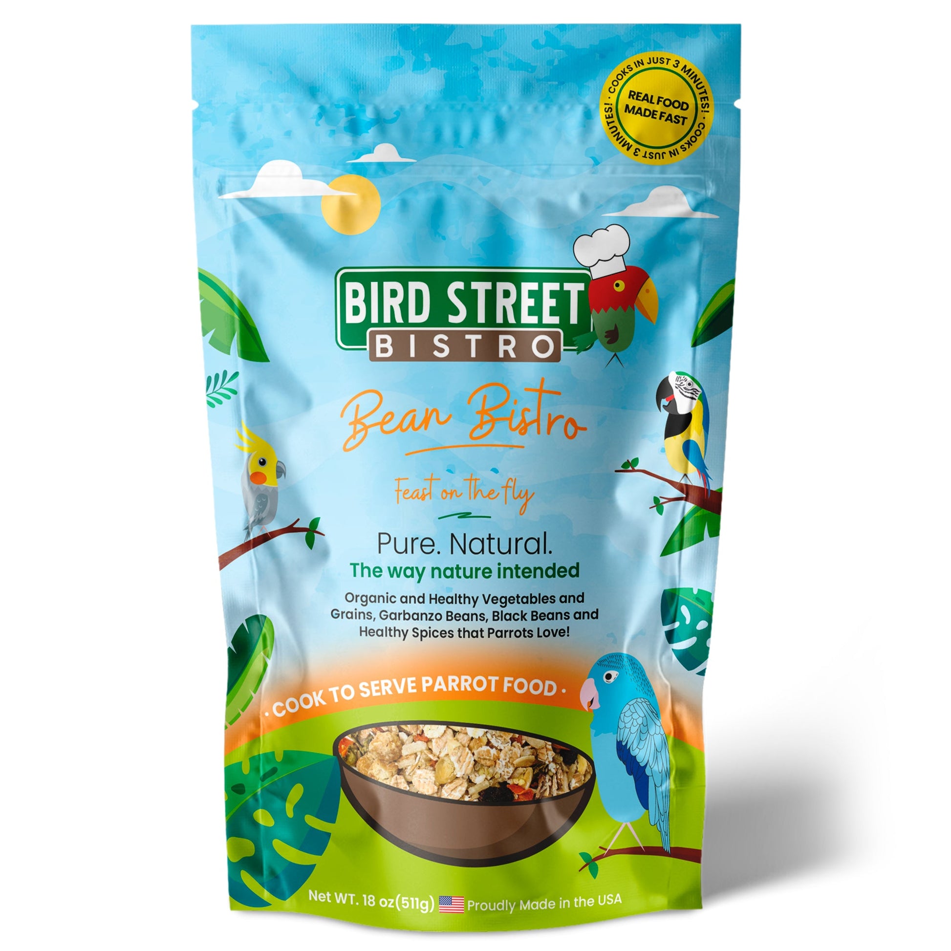 Bird Street Bistro Bean Bistro parrot food package on a white background