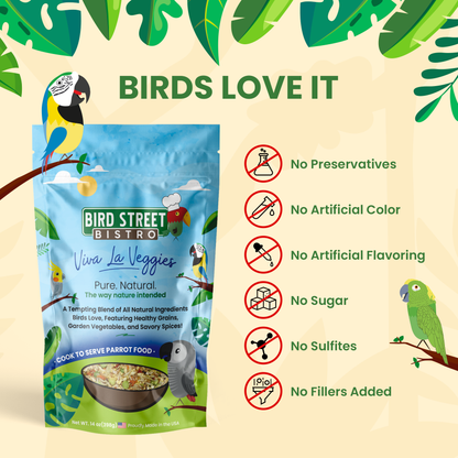 Bird Street Bistro Viva La Veggies pet food package with bird illustrations and health benefits on a beige background.