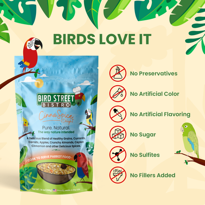 Bird Street Bistro pet food package with bird illustrations and health benefits on a beige background