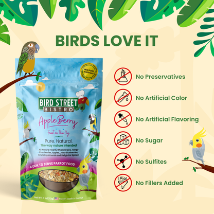 Bird Street Bistro Apple Berry bird food package with leafy green background