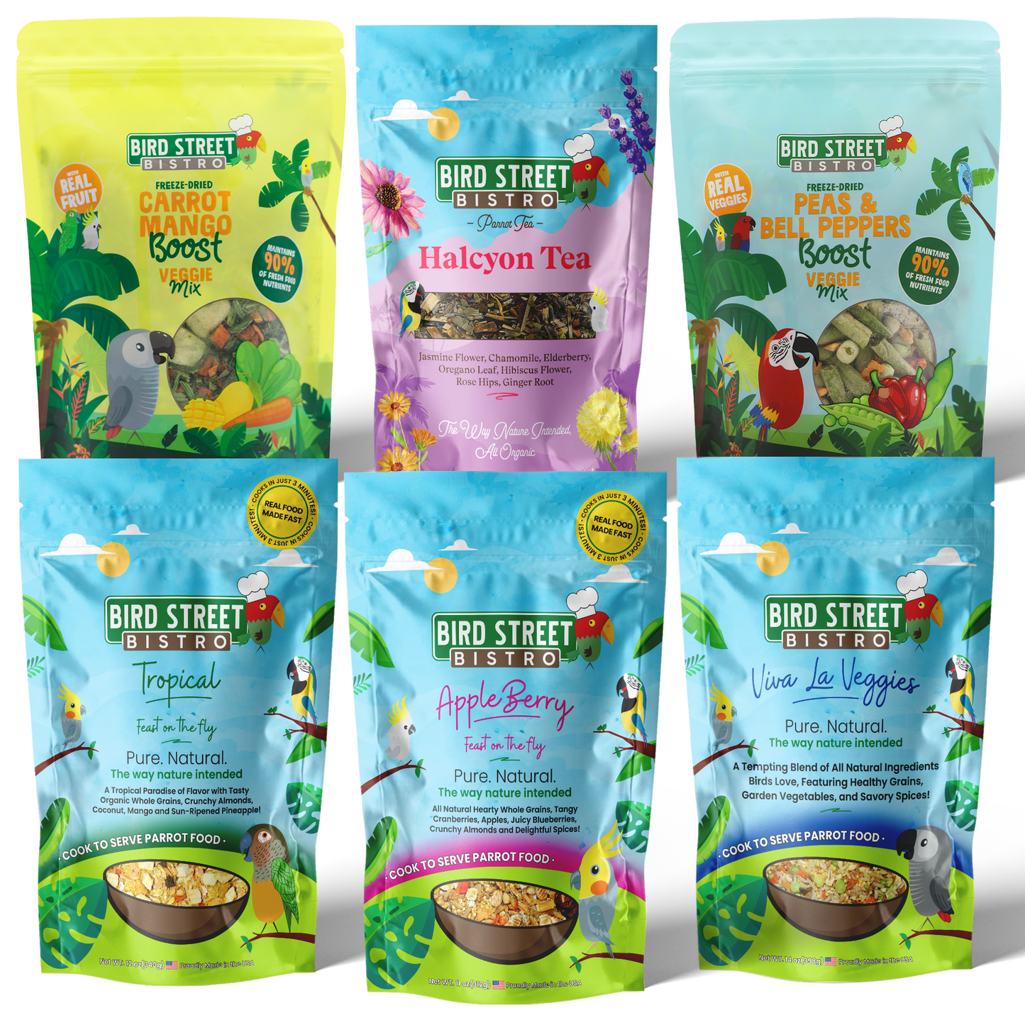 Bird Street Bistro pet food packages for birds on a white background
