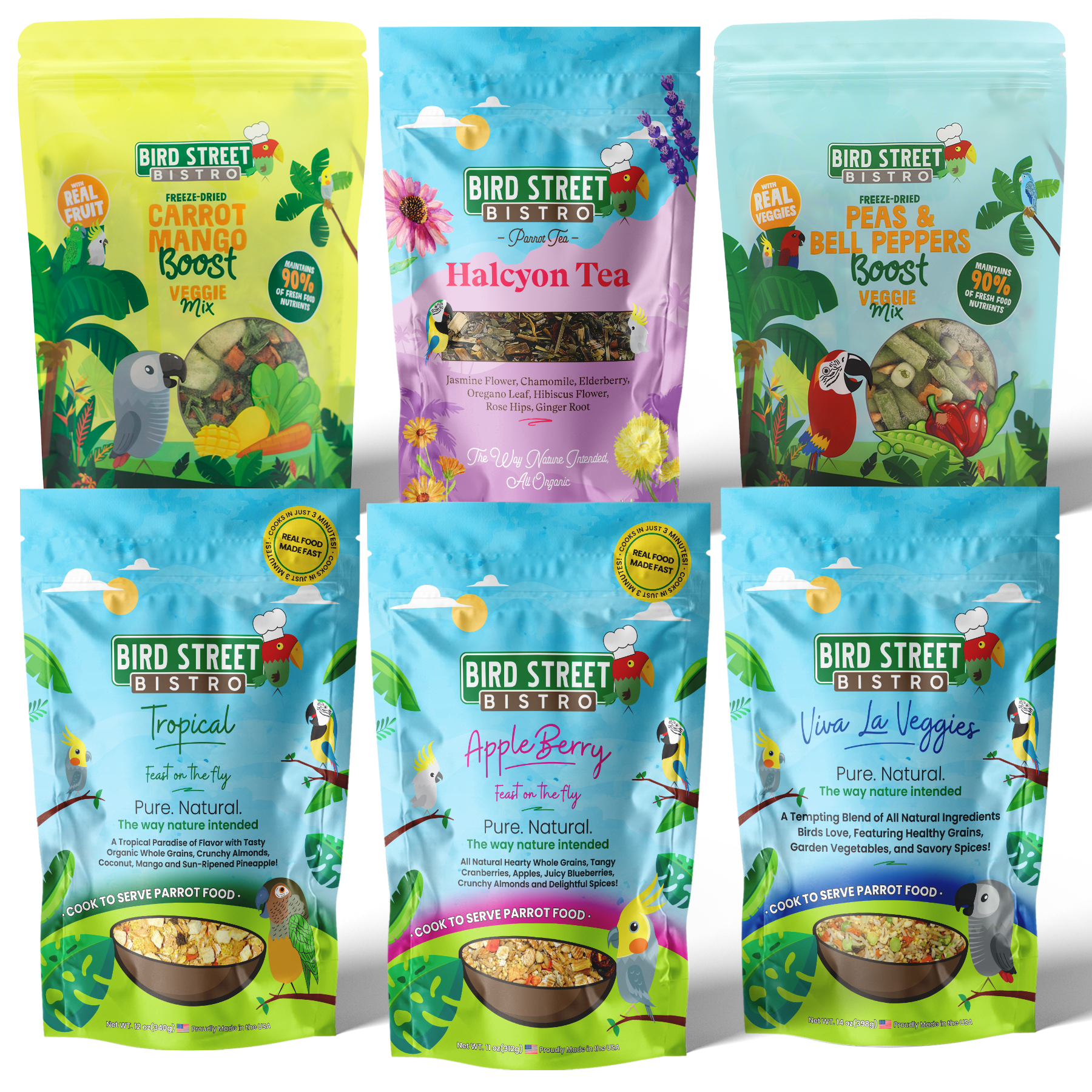 Bird Street Bistro pet food packages for birds on a white background