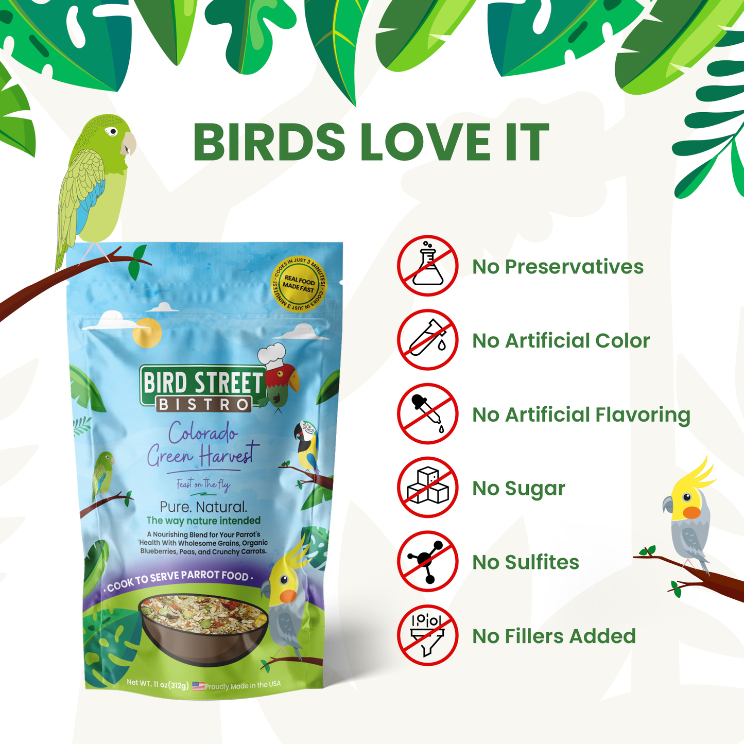 Bird Street Bistro Colorado Green Harvest bird food package with green leafy background