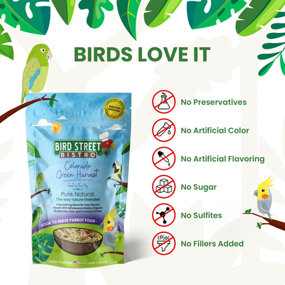 Bird Street Bistro Colorado Green Harvest bird food package with green leafy background