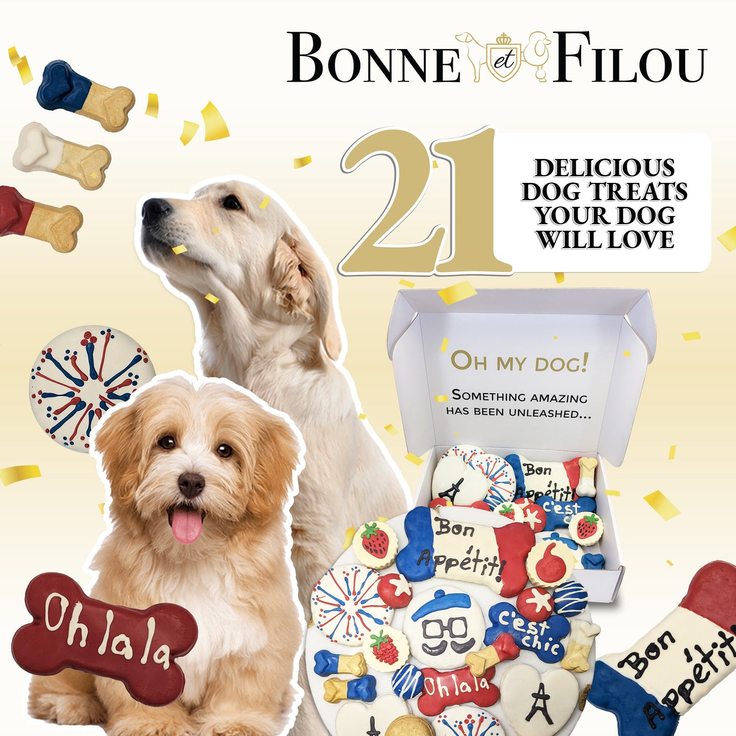 Bonne et Filou dog treats packaging with two dogs and various treats displayed.