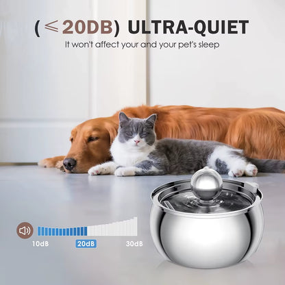 Dog and cat lying on a surface with a ultra-quiet pet water fountain in the foreground.