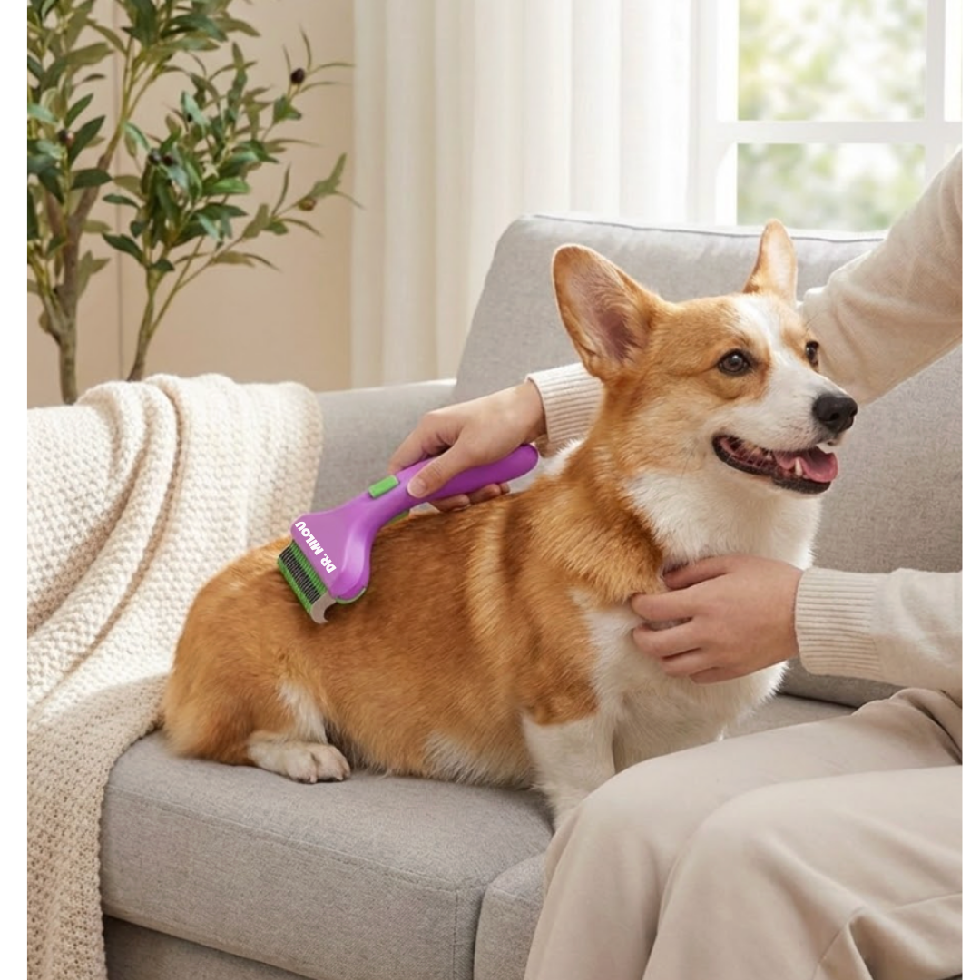 Person grooming a dog with a purple brush on a couch