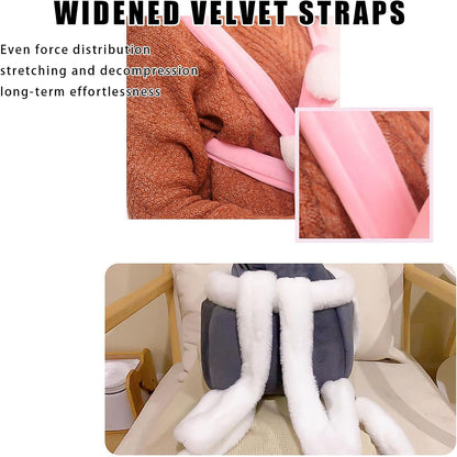 Product with widened velvet straps shown in close-up and on a cushioned chair.