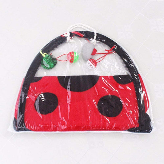 Red and black ladybug-shaped arch with small toys inside, wrapped in clear plastic on a white background.