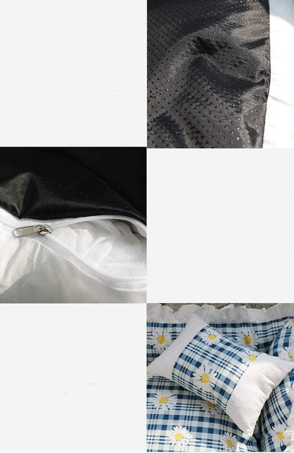 Collage of various fabric textures and patterns including black satin, white satin with a zipper, and blue checkered fabric.