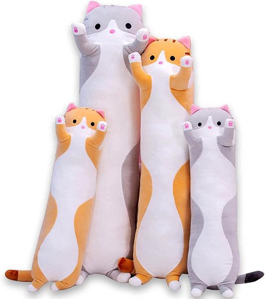 Set of cat-shaped body pillows in various colors on a white background