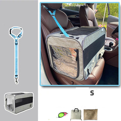 Pet car seat cover with harness and additional accessories on a gray background