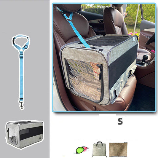 Pet car seat cover with harness and additional accessories on a gray background