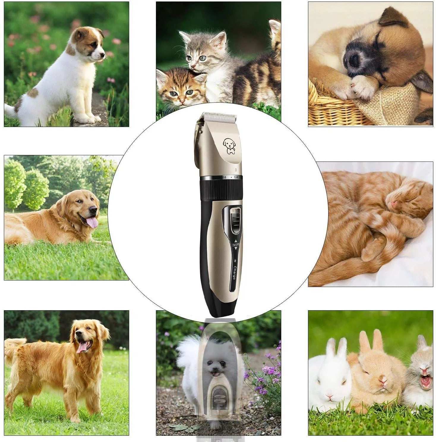 Pet grooming clipper surrounded by images of dogs, cats, and rabbits.