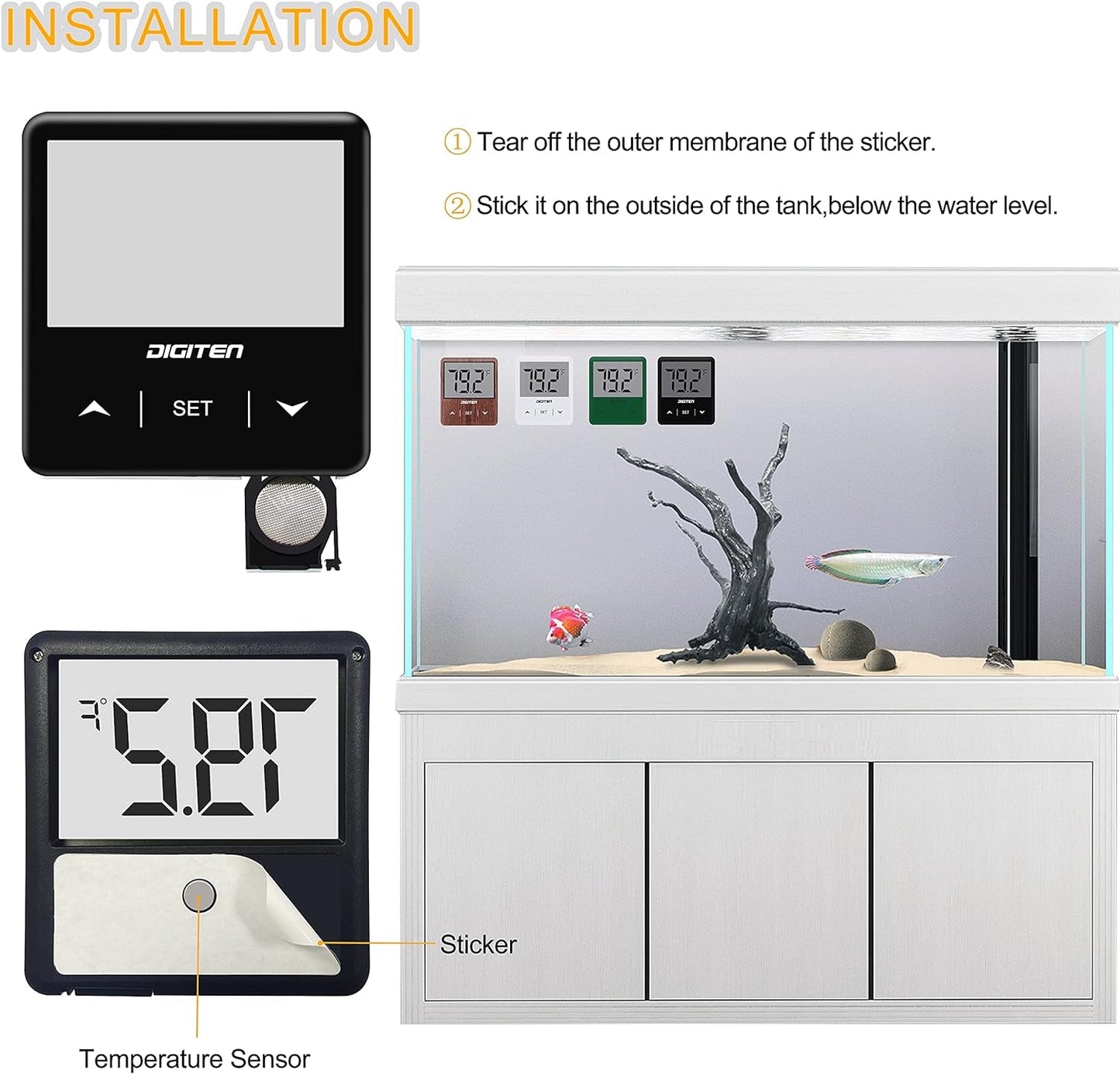 Digital thermometer and temperature sensor for aquarium installation with step-by-step instructions.
