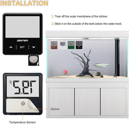 Digital thermometer and temperature sensor for aquarium installation with step-by-step instructions.